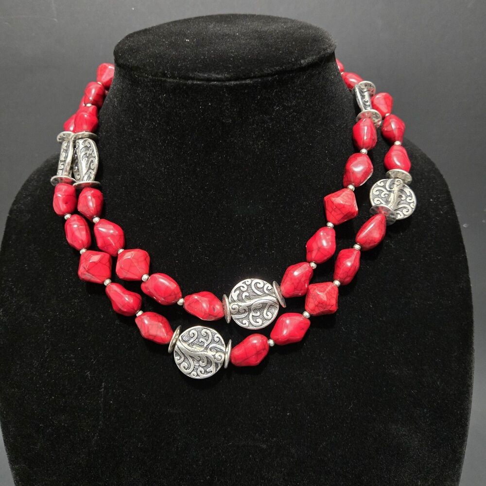 Premier Designs Salsa Necklace Red Crackled beads and Silver Scroll Disc Beads